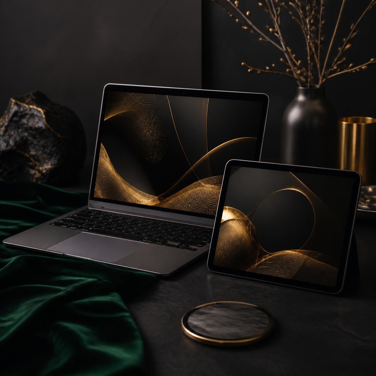 Dark premium desk setup showing gold-accented digital product templates on a laptop and tablet